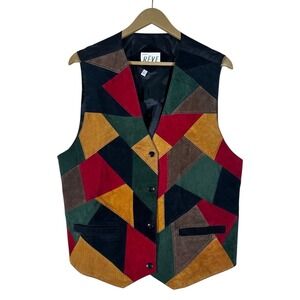 VTG Ton Reve Patchwork Geometric 100% Suede Leather Vest Multicolor Boho Size L